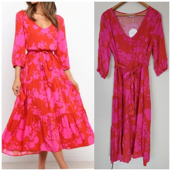 Petal + Pup Dresses & Skirts - Petal + Pup Alijah Floral Tiered Midi Dress V-Neck Tie Waist Size Small NWT